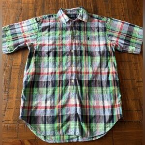 Ralph Lauren Boys Plaid Button Down Shirt Size L 14-16 Green Pony Cotton